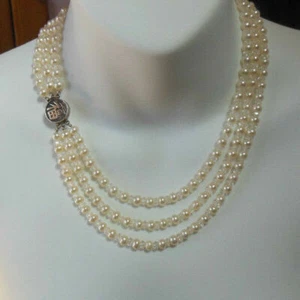 Triple Strand Pearl & Crystal Necklace W/ 925 Sterling Silver Snap-In Clasp - Picture 1 of 3