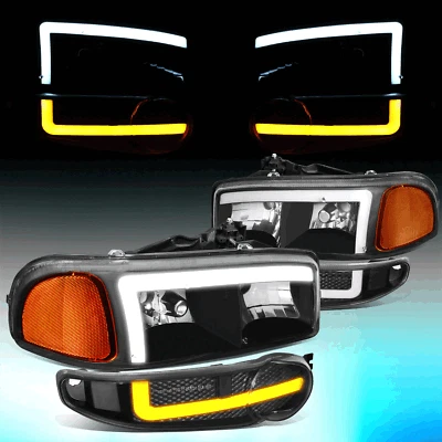 Par de faróis Sierra Yukon Denali Switchback LED DRL preto âmbar 2001-2006 - Imagem 1 de 4