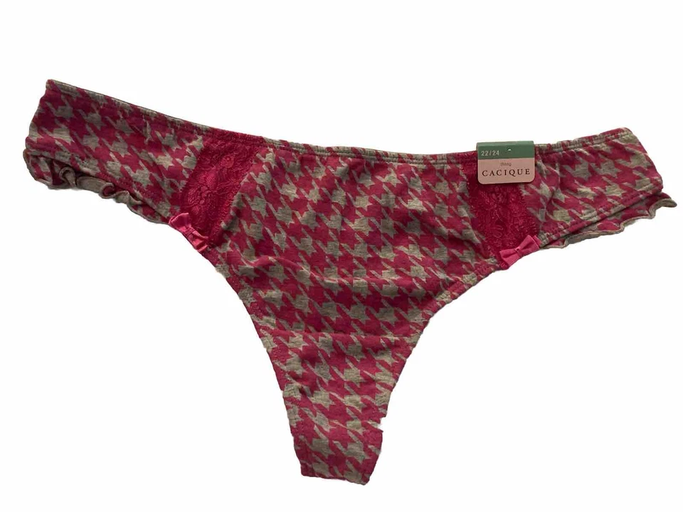 Lane Bryant 23/24 Cacique Thong Panty Bow Lace Pink Gray Cotton NWT - Image 1 of 4