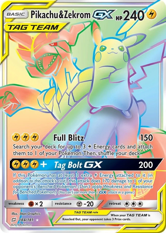 PSA 9 PIKACHU & ZEKROM GX 184 TEAM UP SECRET RAINBOW RARE SUN & MOON POKEMON - Image 1 of 1