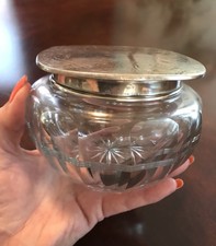 Antique Crystal Powder Jar Sterling Silver Etched Lid Large!