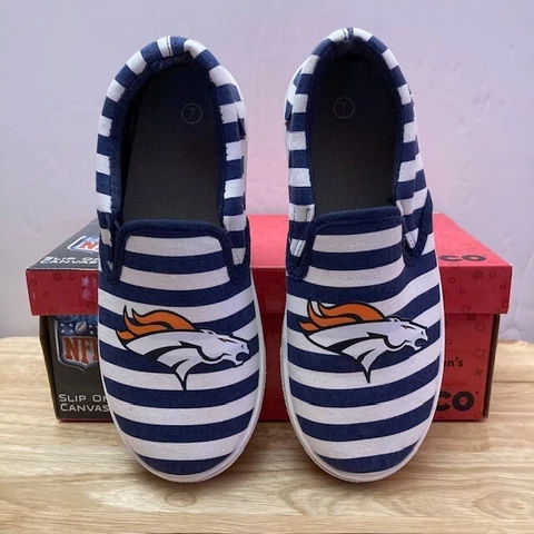 DENVER BRONCOS Blue/White FOCO NFL "Slip-On Canvas Slides" (Women's Size 7) Cover
