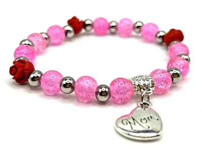 *Rosas para mamá* Pulsera con dije elástico de cinabrio y vidrio rosa de 7,25" día de la madre Foto 1 de 4