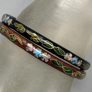Cloisonne Bangle Black Red Enamel Floral Motif Chinese Export Bracelet Pair 8" - Picture 1 of 11