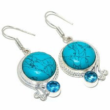 Silver Jewelry Earring 2.4" Ke18994 Santa Rosa Turquoise, Blue Topaz Gemstone