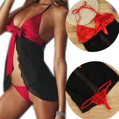 Lencería sexy de EE. UU. Mujeres Tenedor frontal abierto Ropa interior Camisón Conjunto Prendas para dormir Vestido Foto 1 de 4