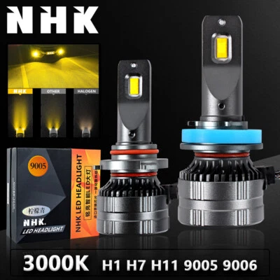 NHK LED Headlight Bulbs Fog Light 3000K Yellow Amber H1 H7 H11 9005 Replacement - Image 1 of 4