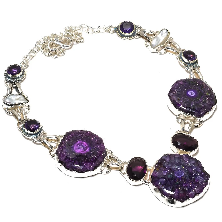 Ожерелье с серебряным покрытием из фиолетового солнечного друза аметиста бивы жемчуга 18 дюймов - Изображение 1 из 1