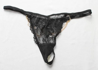 Adore Me Women's Lace Eyelet Gold Chain Detail Thong EH6 Jet Black Medium NWT - Image 1 of 4