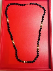 Wunderschöne Vintage Deko 14k Gold Zwischenring & 8mm schwarzer Onyx Perlen Halskette 31" lang - Bild 1 von 8