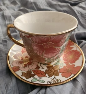Decorative Teacup And Saucer Floral Gold rimmed - Picture 1 of 5