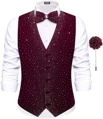  Men's Sparkling Velvet Waistcoat Suit Vest and Bow Tie Set Medium Burgundy - Image 1 of 4
