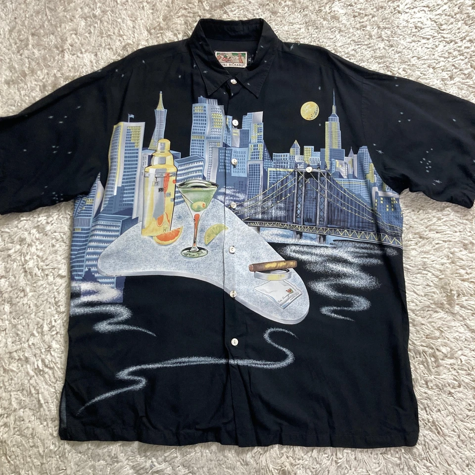 Tori Richard Shirt Men XL Hawaiian City Skyline Cocktail Print Rayon USA - Image 1 of 4