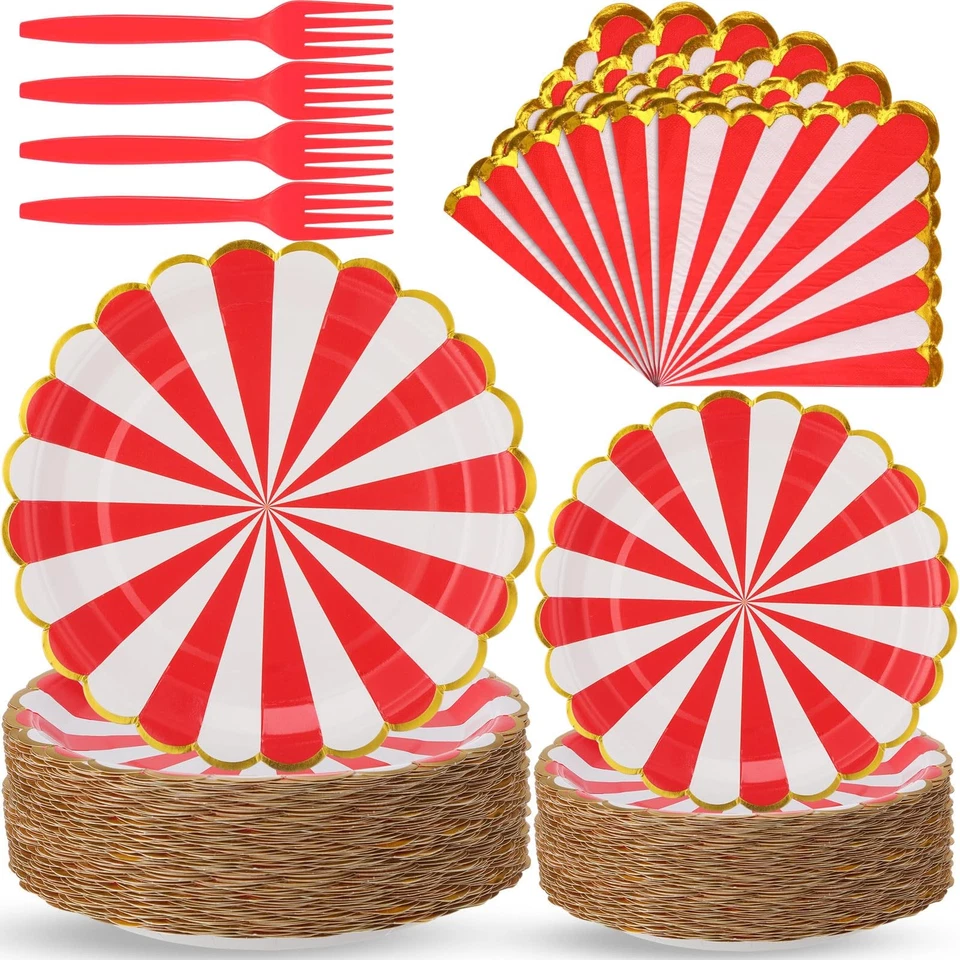 240 Piezas Suministros de Fiesta de Carnaval Decoraciones Platos de Circo Rayas Rojas Papel Pl... Foto 1 de 4