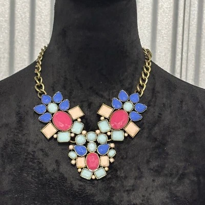 NRQ Colorblock Lucite Ожерелье Смелое Заявление Розовый Синий Коренастая Цепочка Demi Parure - Изображение 1 из 4