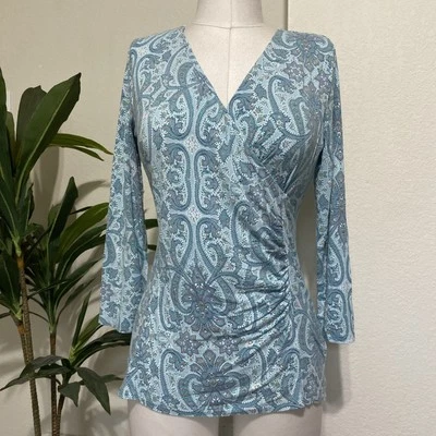 Talbots Fall Top XS Aqua Paisley 3/4 Sleeve Faux Wrap Ruched VNeck Jersey Knit - Изображение 1 из 4
