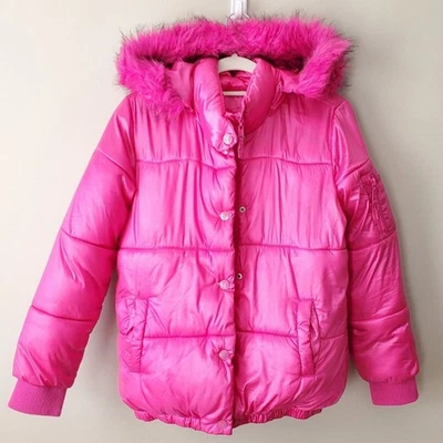 Chaqueta acolchada con capucha de invierno rosa caliente para niñas JUSTICIA 12 14 chicle cálida acogedora  Foto 1 de 4