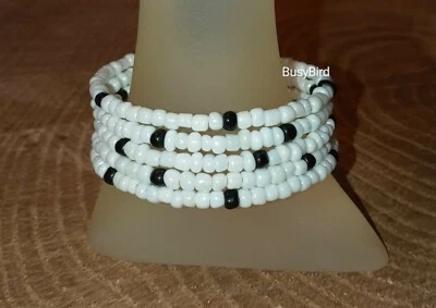 White and Black Beaded Wrap / Coil / Bangle Bracelet Glass Beads Memory Wire USA - Image 1 of 4