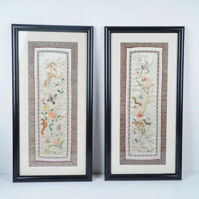 Pair of Framed Vintage Chinese Silk Embroideries Panels w/ Birds & Floral Motif - Изображение 1 из 4