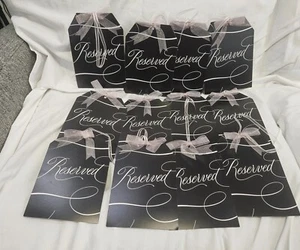 Wedding Reserved Signs 7x5 in (12) Black with white script, pink ribbon and faux - Picture 1 of 2