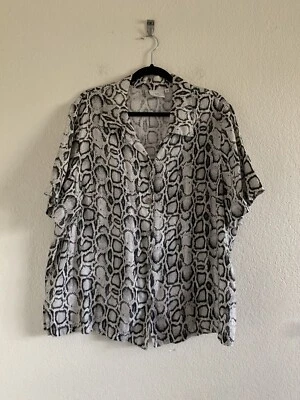 LO ÚLTIMO ALGODÓN Talla 1X Lino Negro Blanco Serpiente Estampado Pitón Camisa Abotonada Blusa Foto 1 de 4
