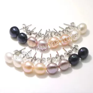 8 Pairs Natural Black White Pink Purple Freshwater Cultured Pearl Stud Earrings - Picture 1 of 10