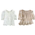 Womens Loose Casual Tops Crew Neck Puff Sleeve T-Shirt Crochet Babydoll Blouses