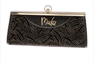 Bolso de Noche Bob Mackie Negro Gamuza/Terciopelo Dorado Punteado Diseño Logotipo De Colección Foto 1 de 4