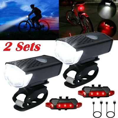 2 Set USB Rechargeable LED Bicycle Headlight Bike Front Rear Light Cycling Lamp - Image 1 of 4