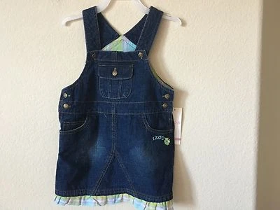 IZOD Blue Denim Jean Overall Green Purple Gingham Ruffle Trim Girls Dress Size 4 - Image 1 of 3