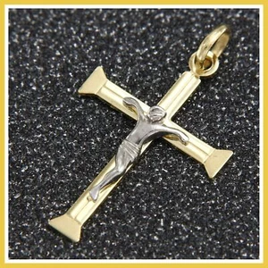 18k 18ct Real Yellow White GOLD Cross Crucifix Jesus Italian Pendant Mens Womens - Picture 1 of 8