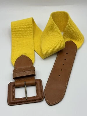 Talbots Waist Belt Wide Brown Leather Yellow Elastic Size L Large USA Spring - Image 1 of 4