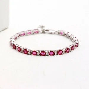Halo Tennis Bracelet in 925 Silver Anniversary Gift 6*4 MM Oval Ruby Gemstone - Picture 1 of 3