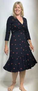HOBBS Dress 3/4 Slv Wrap Jersey Cherry Print Dark Navy Knee over(A232)RRP£89 - Picture 1 of 8