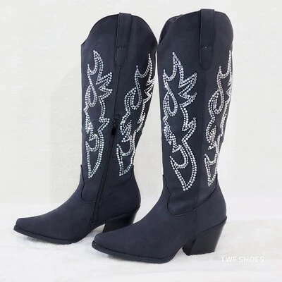 Botas de rodilla vaqueras occidentales Ann negras de cuero sintético con pedrería Country Glam Foto 1 de 4