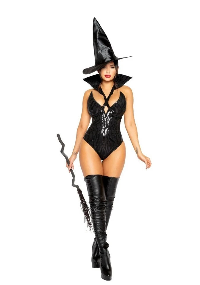 Body Roma Sexy Bruja Malvada Negro Lentejuelas con Sombrero Disfraz 4964 Talla Mediana Foto 1 de 4