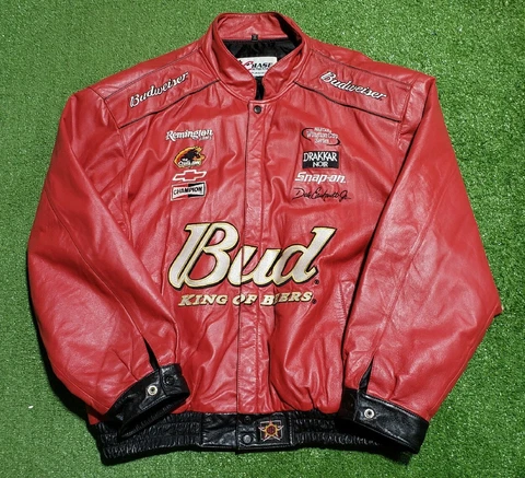 NASCAR Dale Earnhardt Jr Bud King Of Beer Racing Leather Jacket 2XL Jeff Hamilto Cover
