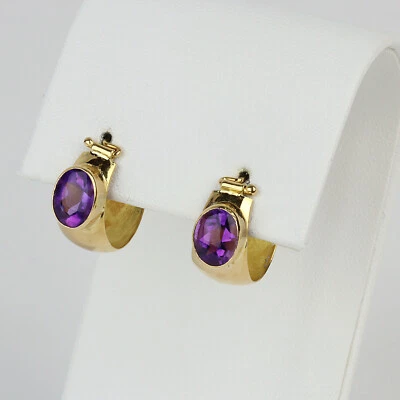 Lindos brincos femininos de ouro amarelo 14k com moldura de ametista pequenos e largos - Imagem 1 de 2