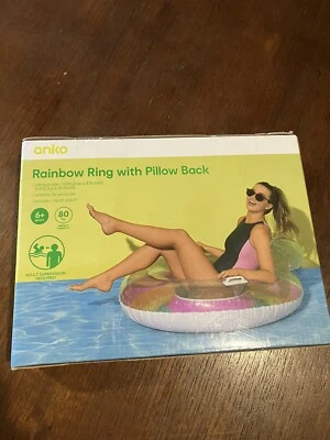 Inflatable Pool Float Rainbow Ring Pillow Back Swim Raft - image 1 of 2