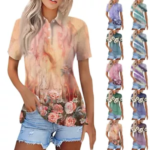 Women's Fashion Casual Lapel Short Sleeve Line Print Shirt Women's Button Up - Picture 1 of 42