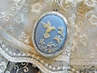 Medallón plateado calidad colibrí azul blanco foto recuerdo cumpleaños regalo camafeo Foto 1 de 4