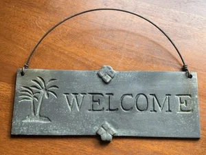 Vintage Cast Iron Welcome Sign with Palm Trees – Rustic Tropical Wall Decor - Picture 1 of 4