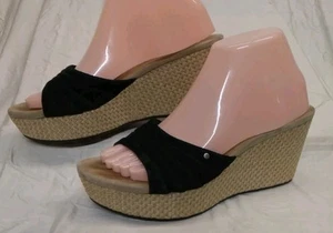 UGG Sandals Black Suede Leather Wedge Heel Shoes womens size US8 Style F8910L - Picture 1 of 14