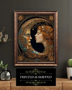 Art Nouveau Moon Kiss Celestial Print Woman and Moon Fantasy Art - Picture 1 of 5