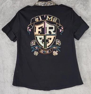 Free For Humanity Shirt Womens Small Black Sequined Button Up Short Sleeve Retro - Image 1 of 4