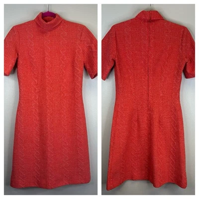 Vintage 60s 70s textured knit mock-neck dress bright orange crimson color S/M - Image 1 of 4