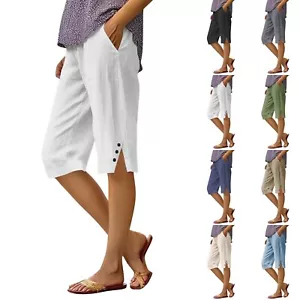 Button Pants Bottom Shorts Linen Pants Solid 3/4 Length Capri Trousers Womens - Picture 1 of 37