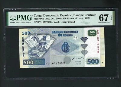 Congo Democratic 500 Francs 2002(ND2004) P96B Uncirculated Graded 67 - Image 1 of 2