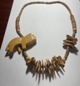 Primative Beaded Stones Carved Bohemian Wood Lion African Safai Animal Necklace - Picture 1 of 3