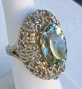 Vintage WB Prasiolite Ring Size 6 Large Crystal Gemstone *14k & Diamond Accents* - Picture 1 of 18